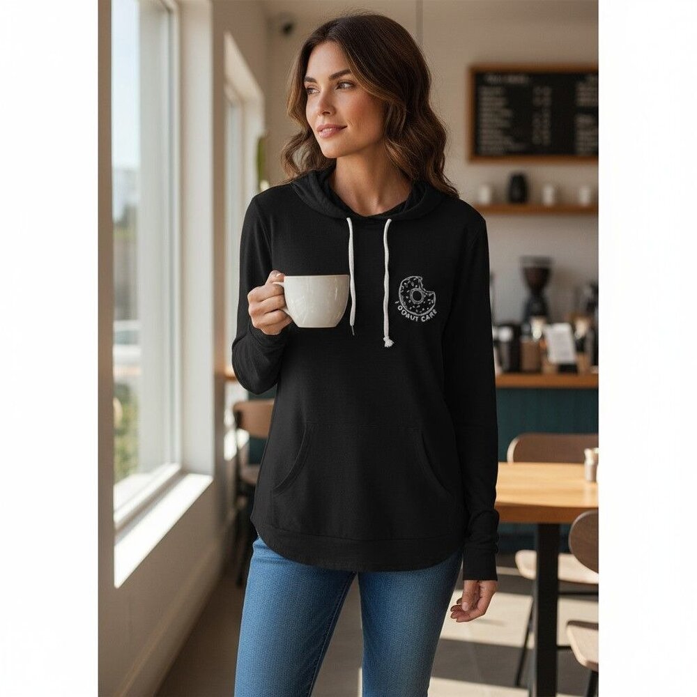 French Pastry Black Hoodie "I Donut Care" Lightweight Pullover With Drawstrings
